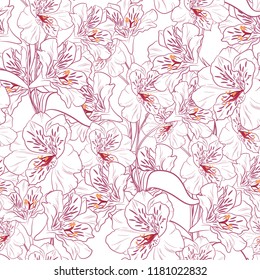 Seamless pattern with beautiful white alstroemeria lily flowers on white background template. Vector set of blooming floral for wedding invitations and greeting card design.