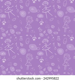 Seamless pattern. Beautiful white ballerinas on purple background.