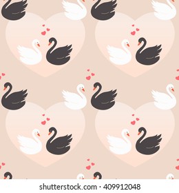 Seamless pattern with beautiful white and black swans and hearts. Couples of swans in love. Vector illustration
