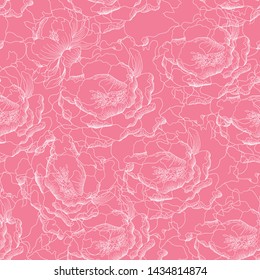 Seamless pattern beautiful white Paeonia vintage flowers line art abstract pink pastel color background.Vector illustration hand drawing.