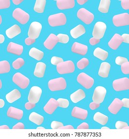 Seamless pattern of beautiful white and pink marshmallows, isolated on a blue background. Vector illustration.