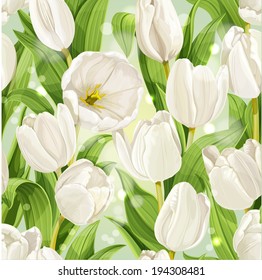 Seamless pattern of beautiful white tulips realistic