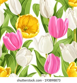 Seamless pattern of beautiful white, yellow and pink tulips realistic