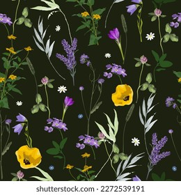 Patrón sin foco de hermosas flores silvestres en un fondo oscuro. Ilustración del vector
