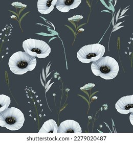 Seamless pattern of beautiful wildflowers on a dark background. Seamless pattern white poppies. Vector illustration