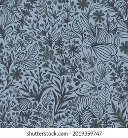 Seamless pattern with beautiful wildflowers and plants on a blue background in vector