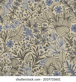 Seamless pattern with beautiful wildflowers and plants on a beige background in vector