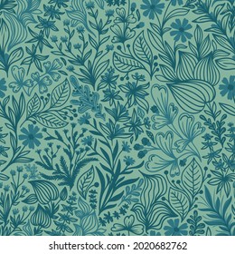 Patrón sin foco con hermosas flores silvestres y plantas sobre un fondo de menta en vector