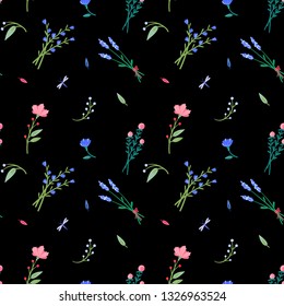 Seamless pattern. Beautiful wildflowers. Summer meadow. Night bloom. Simple flowers. Bouquets of wildflowers. Hand drawn illustration.