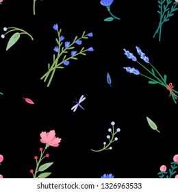 Seamless pattern. Beautiful wildflowers. Summer meadow. Night bloom. Bouquets of wildflowers. Hand drawn illustration.