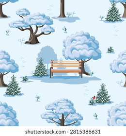 Seamless pattern of beautiful winter nature. Snow-covered trees and a bench in a city park or near a house. Hand-drawn vector illustration.
