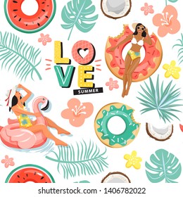 Seamless pattern with beautiful woman floating on inflatable ring, coconut, flowers, leaves and lettering compositions. Trendy texture for textile, wrapping paper, scrapbooking, packaging etc. Vector.