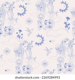 Seamless pattern with Beautiful woman surrounded by plants and animals. Nymphs in the forest. Nature, flowers and animals. Editable vector illustration