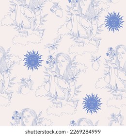 Seamless pattern with Beautiful woman surrounded by plants and animals. Nymphs in the forest. Nature, flowers and animals. Editable vector illustration