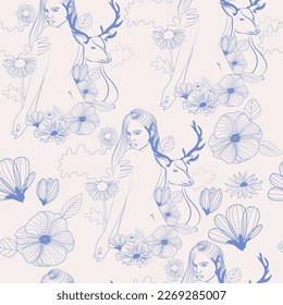 Patrón sin foco con mujer hermosa rodeada de plantas y animales. Ninfas en el bosque. Naturaleza, flores y animales. Ilustración vectorial editable
