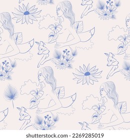 Seamless pattern with Beautiful woman surrounded by plants and animals. Nymphs in the forest. Nature, flowers and animals. Editable vector illustration