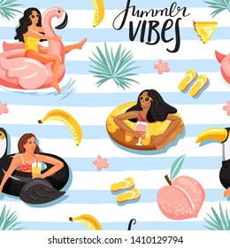 Seamless pattern with beautiful womans floating on various inflatable rings in swimming pool. Summer collage with flowers, fruits and lettering. Vector illustration on striped background.