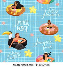 Seamless pattern with beautiful womans floating on various inflatable rings in swimming pool. Summer rest and vacation collage with flowers and lettering. Vector illustration on checkered background.