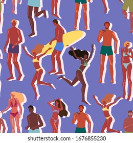 Seamless pattern of beautiful women and man in swimsuit. People on the beach vacation, summer. Vintage vector wallpaper in cartoon flat style. Colored background for design print, wrap, fabric, cards.