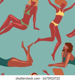 Seamless pattern of beautiful women in swimsuit. Girls on the beach vacation, summer fashion. Vintage vector wallpaper in cartoon flat style. Colored background for design print, wrap, fabric, textile