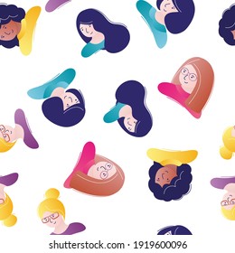 Seamless pattern with beautiful women. Various female faces, doodle style texture. Young adults avatars with different hairstyles on white background. Flat vector illustration