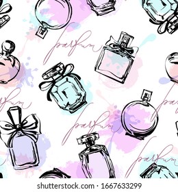 Seamless pattern with beautiful women's perfume. Vector