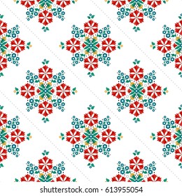 Seamless pattern of beautiful wreath of spring flowers: red carnations, tulips, blue hyacinths, yellow cotton and dotted garlands. Floral print on white background. Vector illustration