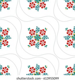Seamless pattern of beautiful wreath of spring flowers: red carnations, tulips, blue hyacinths, yellow cotton and wavy dotted garlands. Floral print on white background. Vector illustration