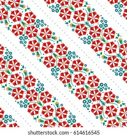 Seamless pattern of beautiful wreath of spring flowers: red carnations, blue hyacinths, yellow cotton and dotted garlands. Floral print on white background. Vector illustration