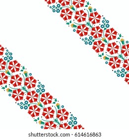 Seamless pattern of beautiful wreath of spring flowers: red carnations, blue hyacinths, yellow cotton. Floral print on white background. Vector illustration