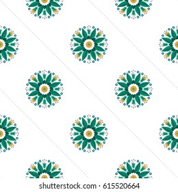 Seamless pattern of beautiful wreath of spring flowers, green palm leaves, yellow cotton and dotted garlands. Floral print on white background. Vector illustration