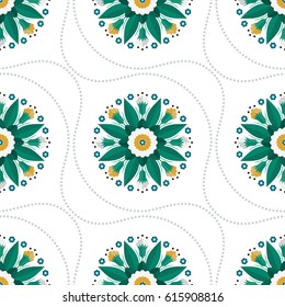 Seamless pattern of beautiful wreath of spring flowers, green palm leaves, yellow cotton and wavy dotted garlands. Floral print on white background. Vector illustration
