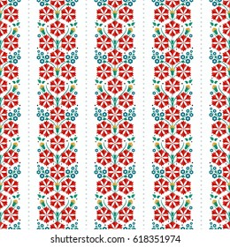 Seamless pattern of beautiful wreath of spring flowers: red carnations, blue hyacinths, yellow cotton and dotted garlands. Floral print on white background. Vector illustration