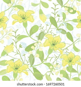 Seamless pattern beautiful yellow flower with green leaf,illustration vector doodle comic art.