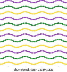 Seamless pattern beautiful yellow, green, purple beads on a white background. Mardi Gras Party. Venetian carnival mardi gras party.  Vector Design with carnival symbol 