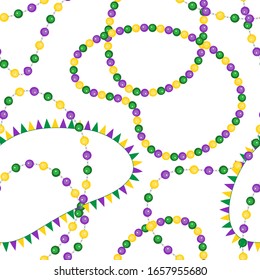 Seamless pattern beautiful yellow, green, purple beads on white background. Venetian carnival Mardi Gras party. Great for horizontal posters, header for website. Vector Design with carnival symbol 