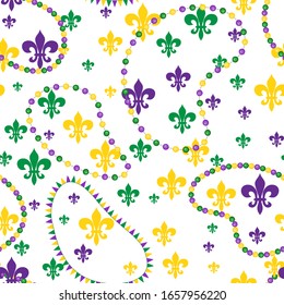 Nahtlose Muster schöne gelbe, grüne, violette Perlen, Fleur-de-Lis-Liliensymbol auf weißem Hintergrund. venezianische Karneval Mardi Gras Party. Ideal für horizontale Poster, Kopfzeile für Website. Vektorillustration