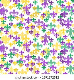 Seamless pattern beautiful yellow, green, purple Fleur-de-Lis lily symbol on white background. Venetian carnival Mardi Gras party. Great for horizontal posters, header for website. Vector