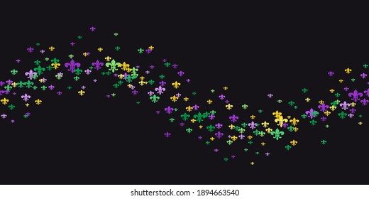 Seamless pattern beautiful yellow, green, purple Fleur-de-Lis lily symbol on black background. Venetian carnival Mardi Gras party. Great for horizontal posters, header for website. Vector