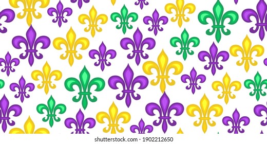 Seamless pattern beautiful yellow, green, purple Fleur-de-Lis lily symbol on white background. Venetian carnival Mardi Gras party. Great for horizontal posters, header for website. Vector