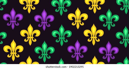 Seamless pattern beautiful yellow, green, purple Fleur-de-Lis lily symbol on black background. Venetian carnival Mardi Gras party. Great for horizontal posters, header for website. Vector