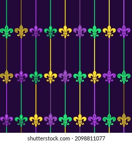 Seamless pattern beautiful yellow, green, purple Fleur-de-Lis lily symbol on black background. Venetian carnival Mardi Gras party. Great for horizontal posters, header for website. Vector