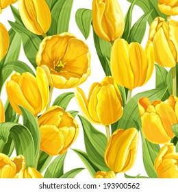 Seamless pattern of beautiful yellow tulips realistic on white background