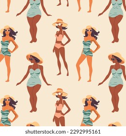 Patrón sin foco con mujeres jóvenes hermosas en el sombrero. Las chicas en traje de baño están tomando el sol bajo el sol de verano.	