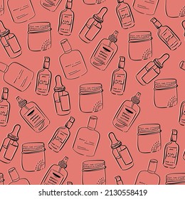 Patrón sin foco con botellas de belleza. Antecedentes para envolver papel, medias, ropa, papel, ropa, web y otros diseños.