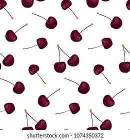 Seamless pattern with beauty cherries on white background. Vector print for your design. Perfect for fabric, wallpaper, backdrop, wrap, etc. 