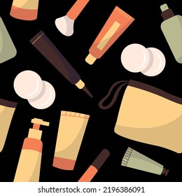 Seamless pattern of beauty cosmetic products for body, hair and skin care. Bundle of organic cosmetics and makeup items in bottles, tubes and bag. Colored flat vector illustration isolated on white