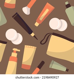 Seamless pattern of beauty cosmetic products for body, hair and skin care. Bundle of organic cosmetics and makeup items in bottles, tubes and bag. Colored flat vector illustration isolated on white