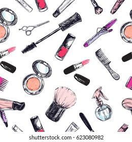 Seamless pattern. Beauty and cosmetic store