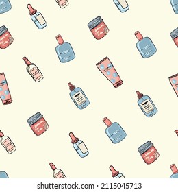 Nahtloses Muster mit Kosmetikprodukten. Hintergrund für Textilien, Gewebe, Schreibwaren, Kleidung, Kosmetik, Kleidung, Packpapier und andere Designs.